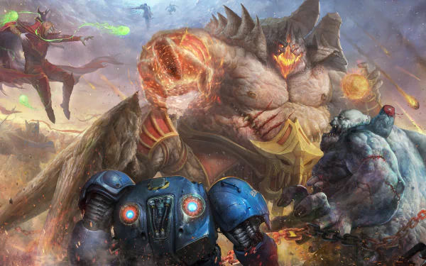 A 4K Ultra HD Heroes of the Storm scene featuring intense battle action between fiery and armored characters on a dynamic PC desktop wallpaper background.