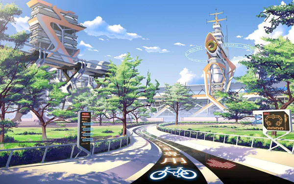 A vibrant anime landscape featuring futuristic towers amidst lush trees. The scene captures a sunny summer day, blending nature with advanced technology in a captivating high-definition view.
