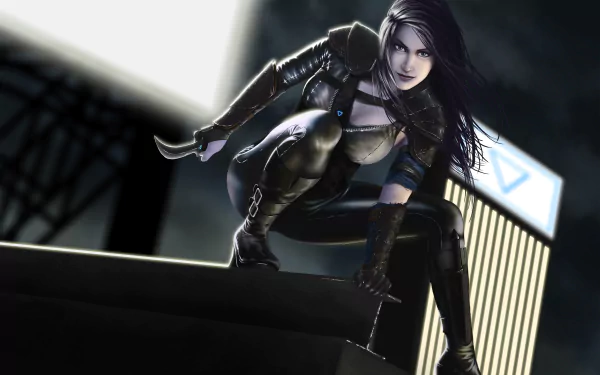 HD fantasy PC desktop wallpaper depicting a fierce woman warrior in dark, sleek armor crouching on a rooftop against a cityscape backdrop at night.