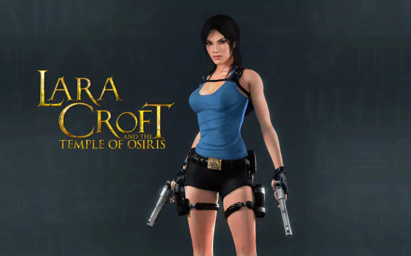Video game 5K Ultra HD PC desktop wallpaper: Lara Croft (Lara Croft and the Temple of Osiris) stands with twin pistols beside the game logo on a dark textured background.