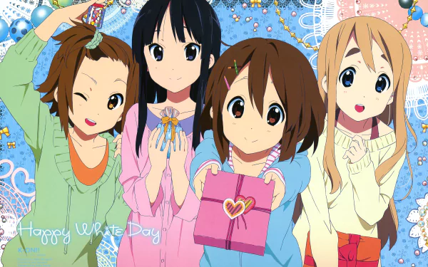 4K Ultra HD anime wallpaper featuring the main K-ON! characters celebrating with gifts and cheerful expressions against a colorful, festive background.