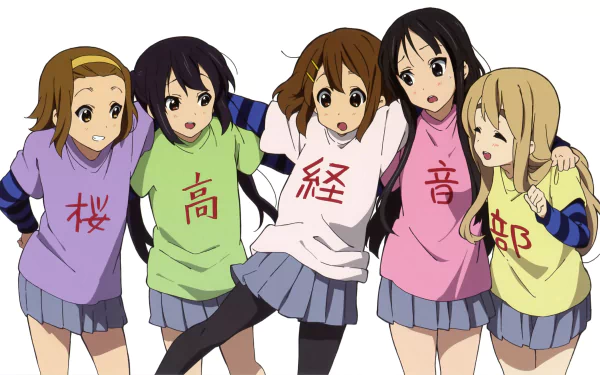 HD anime desktop wallpaper featuring Azusa Nakano, Tsumugi Kotobuki, Ritsu Tainaka, Yui Hirasawa, and Mio Akiyama from K-ON! in colorful casual outfits.