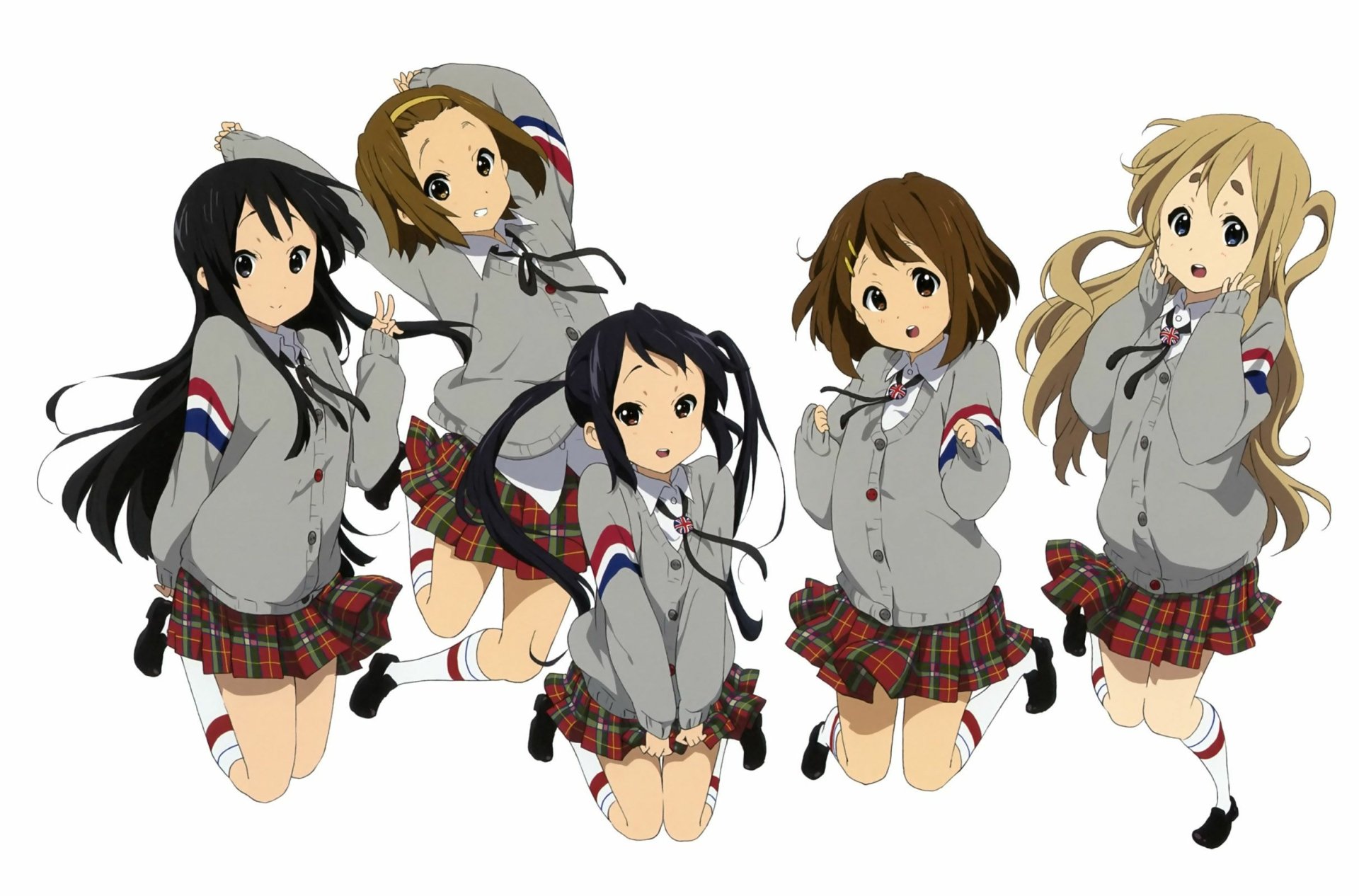 HD desktop wallpaper featuring Azusa Nakano, Tsumugi Kotobuki, Ritsu Tainaka, Yui Hirasawa, and Mio Akiyama from the anime K-ON!, all in matching school uniforms.