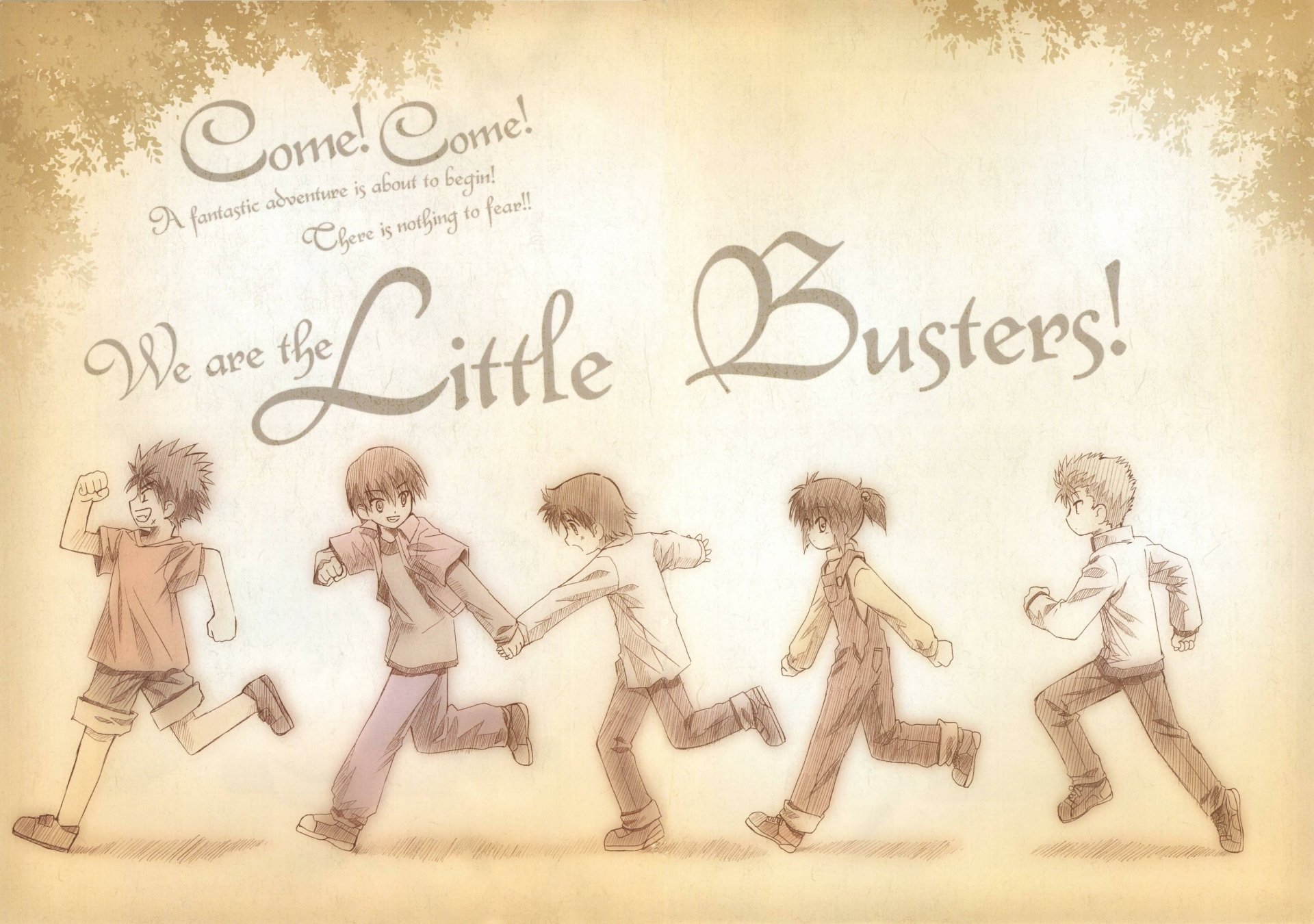 HD anime desktop wallpaper from Little Busters! featuring five characters running joyfully with stylized text promoting the group in a soft sepia tone.