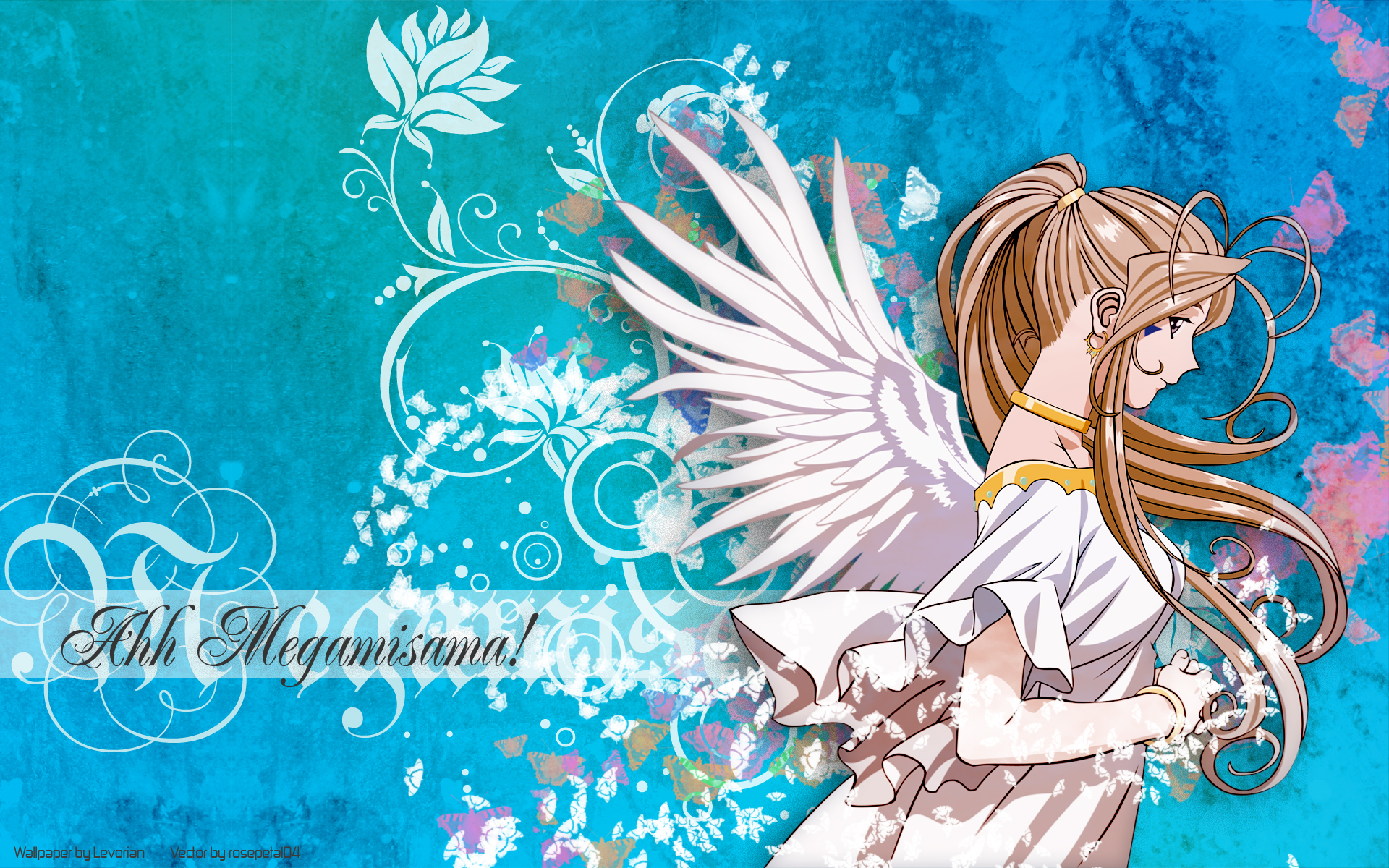 HD PC desktop wallpaper featuring an anime character with angel wings from Ah! My Goddess against a vibrant blue and purple floral background.