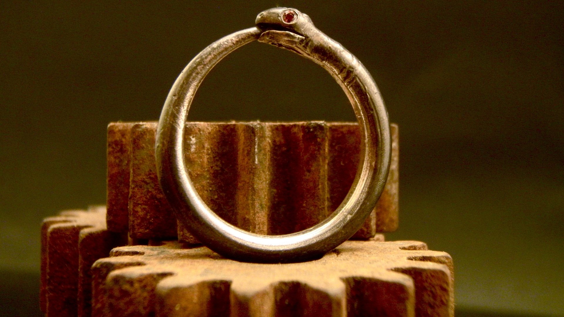 HD fantasy desktop wallpaper featuring a detailed ouroboros, a serpent biting its own tail, set against a background of rustic gears.