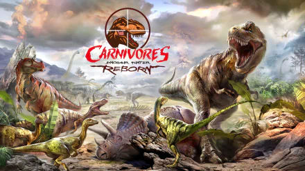 HD PC desktop wallpaper featuring dynamic dinosaurs from the video game Carnivores: Dinosaur Hunter Reborn, set in a prehistoric landscape with dramatic skies.
