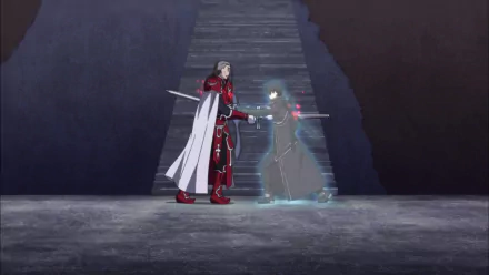Heathcliff and Kirito from Sword Art Online engage in a dramatic duel, surrounded by a mysterious backdrop, capturing the intensity of this popular anime series. HD desktop wallpaper.