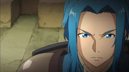 HD PC desktop wallpaper of Diavel from Sword Art Online, featuring detailed anime-style art with intense blue eyes and blue hair in a medieval setting.