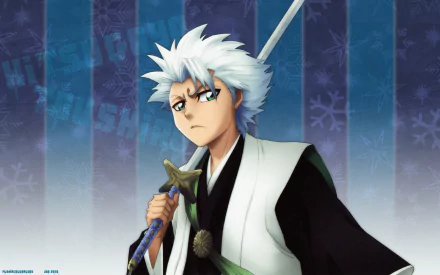 Tōshirō Hitsugaya (Bleach) anime HD PC desktop wallpaper — white-haired captain in shihakusho holding his zanpakutō against a blue striped, snowflake background.