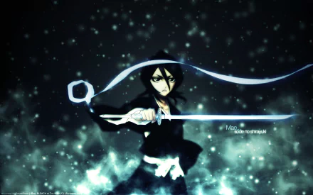 Rukia Kuchiki wields her sword, Sode no Shirayuki, surrounded by a mystical aura in this high-definition Bleach anime wallpaper, showcasing her powerful presence as a shinigami.
