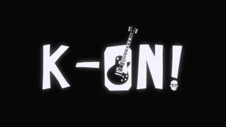 A bold HD desktop wallpaper featuring the title K-ON! alongside an electric guitar, set against a sleek black background, capturing the essence of the beloved anime.