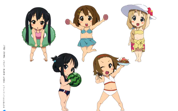 5K Ultra HD K-ON! anime wallpaper: chibi Azusa, Yui, Mio, Ritsu and Tsumugi in swimsuits and sun hats playing with a watermelon and beach snacks.