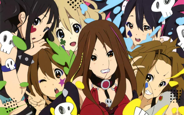 Vibrant 2K K-ON! desktop wallpaper showing Sawako Yamanaka, Azusa Nakano, Tsumugi Kotobuki, Ritsu Tainaka, Yui Hirasawa and Mio Akiyama amid playful graphics.