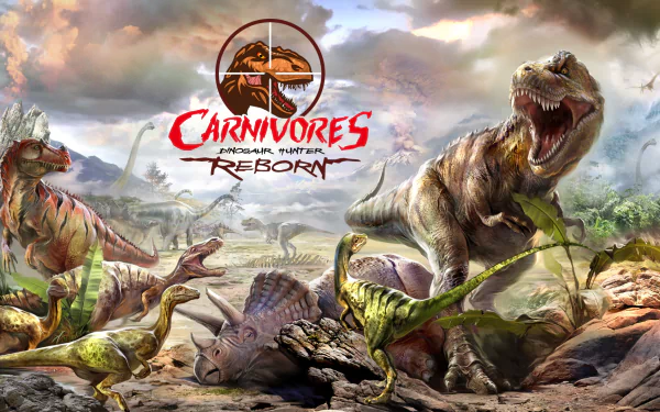 HD PC desktop wallpaper featuring dynamic dinosaurs from the video game Carnivores: Dinosaur Hunter Reborn, set in a prehistoric landscape with dramatic skies.