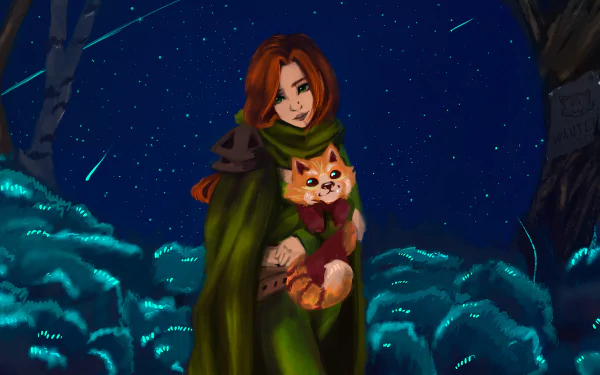 Windranger (DotA 2) video game 2K Quad HD PC desktop wallpaper: cloaked archer cradling a small fox under a starry night with glowing blue foliage.