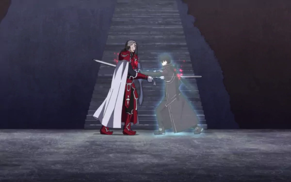 Heathcliff and Kirito from Sword Art Online engage in a dramatic duel, surrounded by a mysterious backdrop, capturing the intensity of this popular anime series. HD desktop wallpaper.