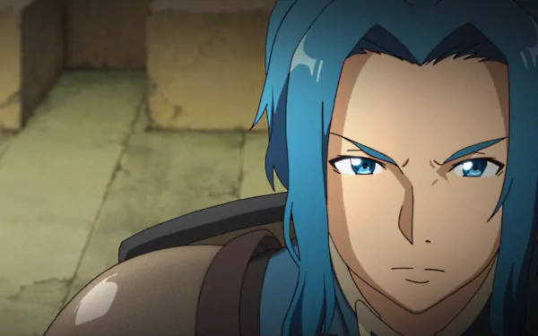 HD PC desktop wallpaper of Diavel from Sword Art Online, featuring detailed anime-style art with intense blue eyes and blue hair in a medieval setting.