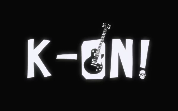 A bold HD desktop wallpaper featuring the title K-ON! alongside an electric guitar, set against a sleek black background, capturing the essence of the beloved anime.