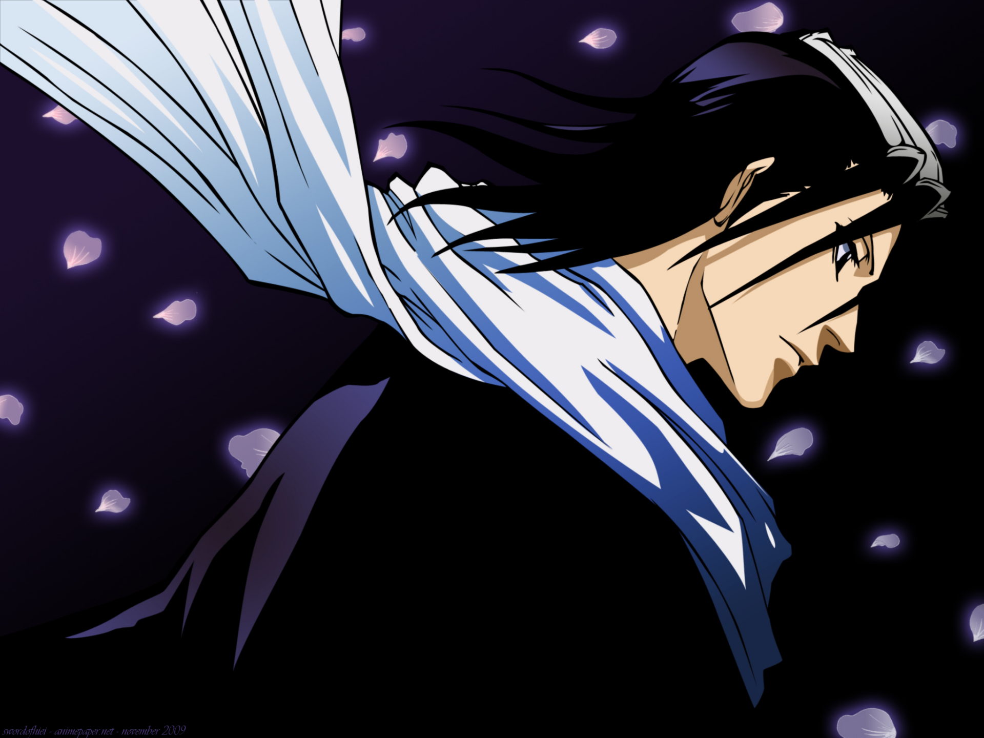 HD PC desktop wallpaper of Byakuya Kuchiki from Bleach: profile of the anime captain with flowing scarf, dark background and falling petals.