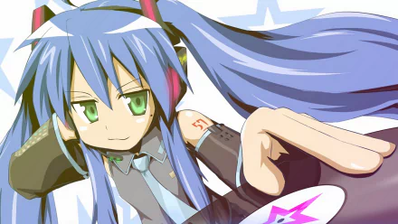 HD PC desktop wallpaper of Konata Izumi from Lucky Star: close-up anime portrait with long blue twin-tails, green eyes, playful smirk and hand reaching forward.