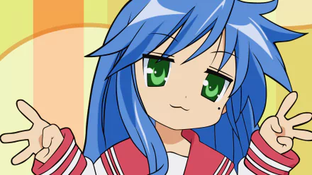HD anime desktop wallpaper featuring Konata Izumi from Lucky Star with blue hair, green eyes, and a playful peace sign pose against a bright, colorful background.
