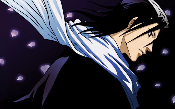 HD PC desktop wallpaper of Byakuya Kuchiki from Bleach: profile of the anime captain with flowing scarf, dark background and falling petals.