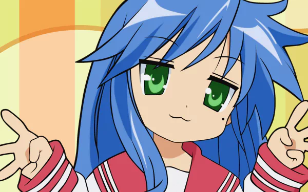 HD anime desktop wallpaper featuring Konata Izumi from Lucky Star with blue hair, green eyes, and a playful peace sign pose against a bright, colorful background.