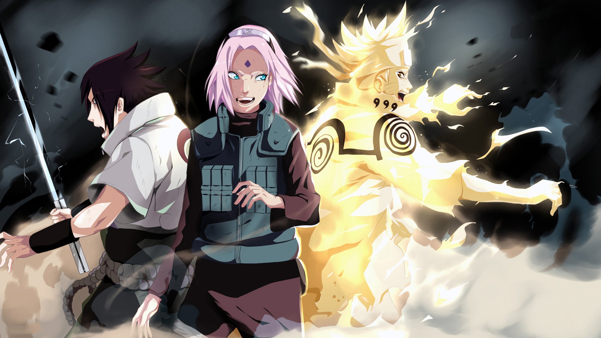 Team 7 Nar, SaS and Sak., naruto, team7, aweosme, happy, cute, city, cool,  sakura flowers, HD wallpaper