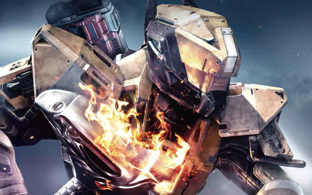 HD desktop wallpaper featuring an intense scene from the video game Destiny, showcasing a futuristic robot engulfed in flames amidst a dramatic background.