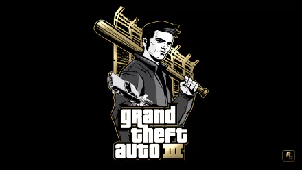 HD PC desktop wallpaper of Grand Theft Auto III artwork: monochrome stylized male character holding a baseball bat over his shoulder and a pistol, logo beneath, barbed-wire motif on dark background.