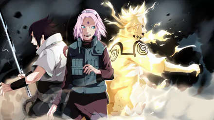 HD desktop wallpaper featuring Naruto Uzumaki, Sakura Haruno, and Sasuke Uchiha from the anime series Naruto, depicted in dynamic action poses.