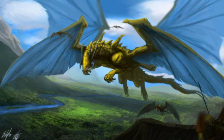 A majestic dragon with blue wings soars over a vibrant fantasy landscape under a bright sky in this HD PC desktop wallpaper and background.