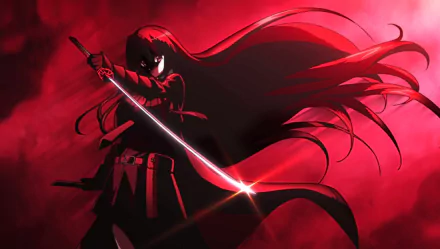 HD desktop wallpaper featuring Akame from the anime Akame ga Kill!. The image showcases Akame with her sword drawn, set against a vivid red background, creating a dramatic and intense atmosphere.