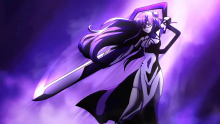 HD desktop wallpaper featuring Sheele from the anime Akame ga Kill!, highlighted by vibrant purple hues and wielding a massive pair of scissors against a dramatic backdrop.