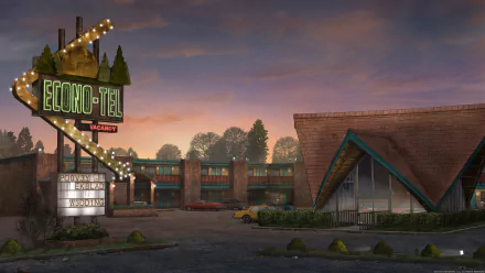 Archer (TV Show) 5K Ultra HD PC wallpaper: dusk at a retro Econo-Tel motel with neon sign, A-frame cabins, empty parking lot and silhouetted pine trees.