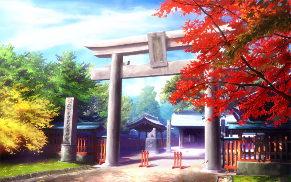 A vibrant anime landscape featuring a serene temple under a blue sky, surrounded by lush trees and autumn foliage, creating a picturesque scene.