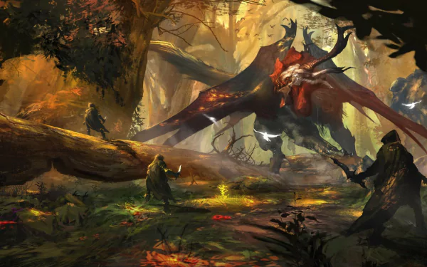 A fantasy warrior hunts a massive, horned creature in a dense, sunlit forest, depicted in high-definition as a captivating PC desktop wallpaper.