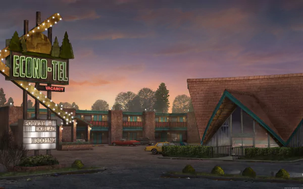 Archer (TV Show) 5K Ultra HD PC wallpaper: dusk at a retro Econo-Tel motel with neon sign, A-frame cabins, empty parking lot and silhouetted pine trees.