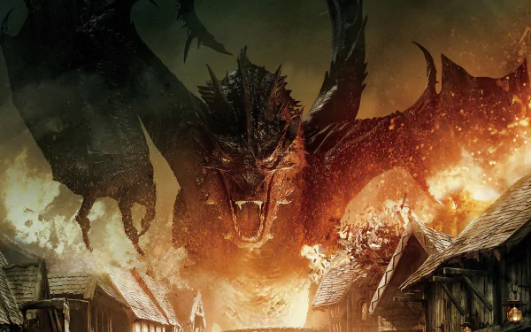 HD desktop wallpaper from the movie The Hobbit: The Battle of the Five Armies featuring a fierce dragon emerging over burning village rooftops.
