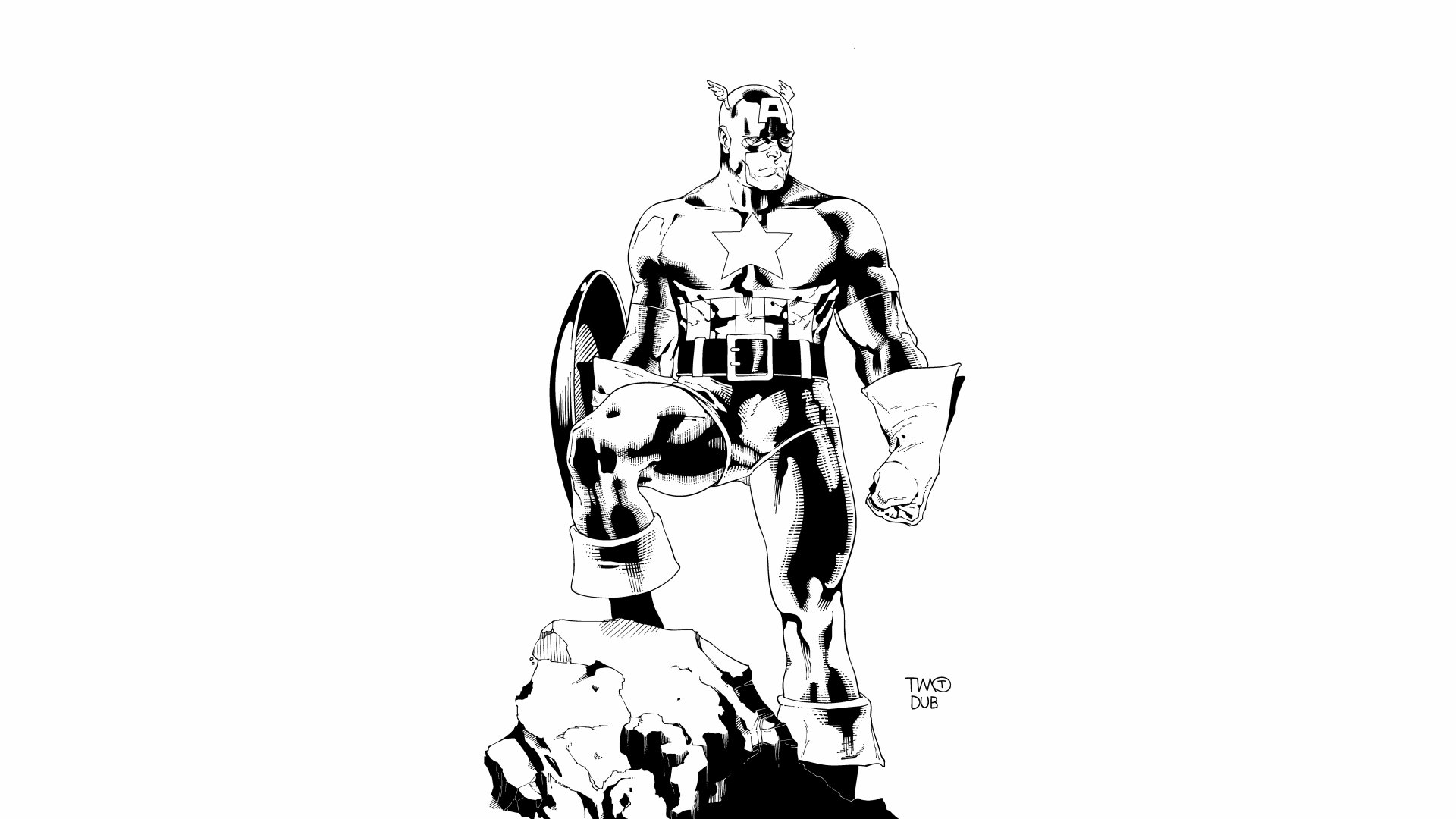 An 8K Ultra HD comic-style wallpaper featuring Captain America, depicted in a bold, black-and-white illustration, standing heroically with his shield.