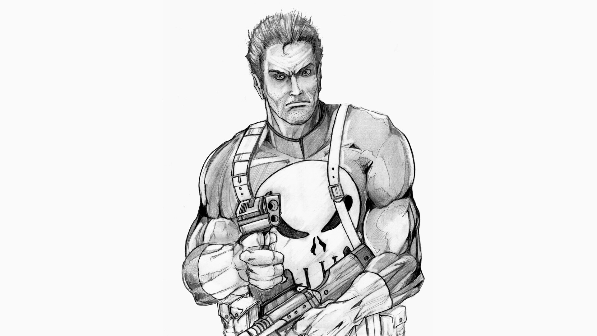 Detailed black-and-white illustration of the Punisher, featuring a muscular figure holding a gun, designed as an 8K Ultra HD wallpaper for PC desktops.