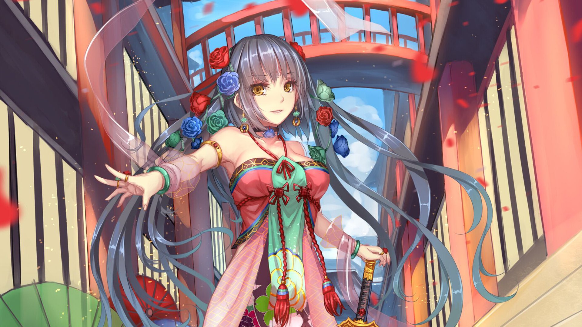HD anime-style original desktop wallpaper featuring a vibrant female character with long flowing hair, intricate attire, and a colorful background of traditional Japanese architecture.