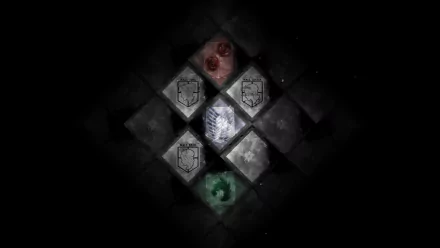 HD desktop wallpaper featuring emblems from the anime Attack on Titan, arranged in a diamond pattern on a dark background. The emblems are colored red, green, and blue.