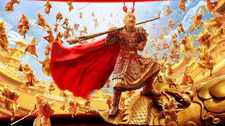 HD PC desktop wallpaper featuring the Monkey King from the movie, dressed in ornate armor with a flowing red cape, standing heroically on a golden dragon statue.