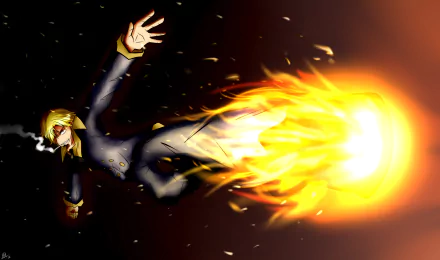HD wallpaper featuring Sanji from One Piece, dynamically portrayed in action with flames erupting, capturing the essence of the anime's adventurous spirit.