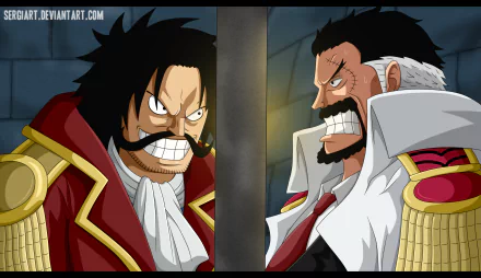 High-definition wallpaper featuring Monkey D. Garp and Gol D. Roger, iconic characters from the anime One Piece, showcasing an intense face-off.
