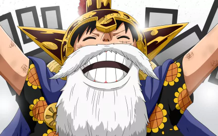 HD wallpaper of Monkey D. Luffy from One Piece, featuring him with a white beard and traditional attire, expressing joy. The vibrant colors make it a captivating anime desktop background.