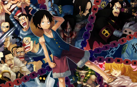 HD anime desktop wallpaper featuring Monkey D. Luffy at the center, surrounded by characters from One Piece including Crocodile, Baggy, Jinbe, Boa Hancock, Portgas D. Ace, and more, with a vibrant background.