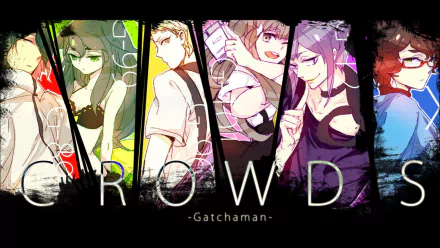 HD anime wallpaper featuring characters from Gatchaman Crowds, arranged in colorful vertical panels with dynamic poses and the title CROWDS displayed across the bottom.